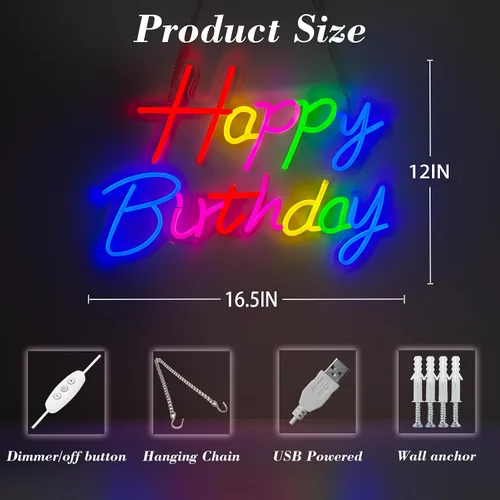 Miniatura 2 de Letrero de neón de feliz cumpleaños para telón de fondo, letrero con luz LED de feliz cumpleaños, luz de neón regulable alimentada por USB