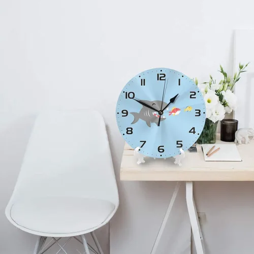 Miniatura 4 de Reloj de pared para niños con diseño de tiburón de dibujos animados, 10 pulgadas, silencioso, sin tictac, fácil de leer, reloj de pared para niños