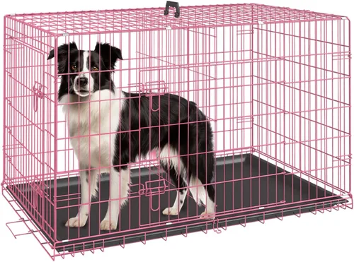 FDW Jaula para perros con doble puerta, jaula plegable de alambre de metal de 36 pulgadas con bandeja extraíble y panel divisor, jaula para mascotas