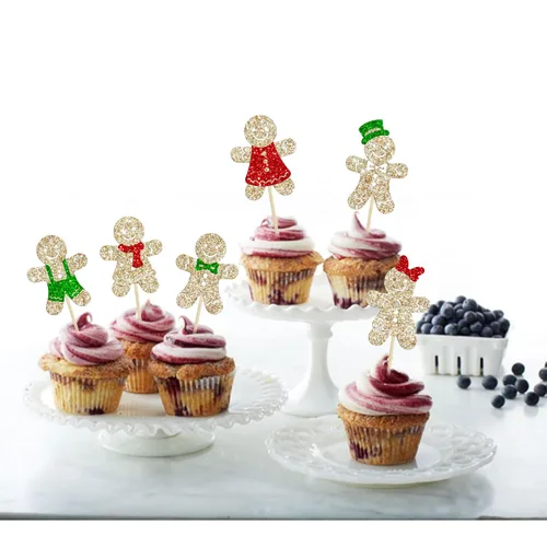 Miniatura 5 de Gyufise 24 piezas Adornos para cupcakes de jengibre de Navidad con purpurina, adornos para cupcakes de jengibre para revelar el género, púas