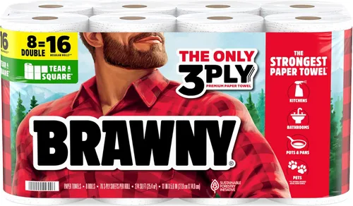 Miniatura 13 de Brawny Toallas de papel Tear-A-Square de 3 capas, 2 rollos triples = 6 rollos regulares, fuertes, absorbentes y duraderas con 3 tamaños de hoja