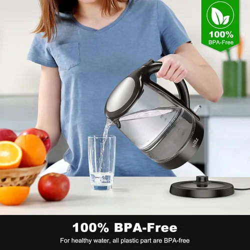 Miniatura 7 de Willz Hervidor eléctrico de vidrio con mango resistente al calor y vertido inalámbrico, tecnología de ebullición rápida y apagado automático, luz