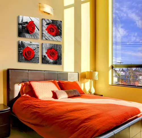 Miniatura 2 de JiazuGo - Decoración de pared para dormitorio con rosas rojas, arte de pared en blanco y negro, flores modernas para parejas, cuadros románticos
