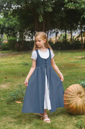 Miniatura 23 de Scarlet Darkness Vestido renacentista para niñas, disfraz de princesa medieval de dos piezas, 7-14 años