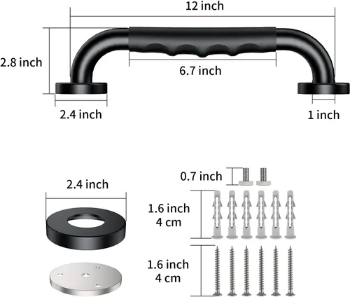 Miniatura 2 de Barra de agarre para ducha negra de 12 pulgadas con agarre de goma antideslizante, ZUEXT Barra de agarre para baño de acero inoxidable, Barra