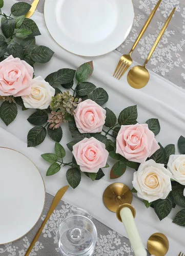 Miniatura 8 de Senseya Guirnalda de flores de rosas artificiales de 5 pies, vid floral falsa rosa rubor con hojas de rosa, guirnalda de flores rústicas para telón