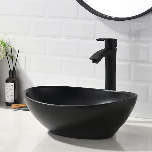 Miniatura 3 de Fregadero de recipiente negro mate de 16 x 13 con grifo y drenaje combinado, fregadero de baño ovalado de porcelana sobre el mostrador Mate negro