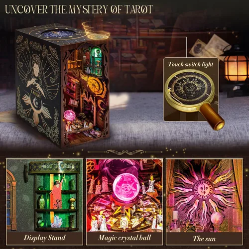 Miniatura 4 de Kit de Rincón de Libros DIY, Rompecabezas de Madera 3D Booknook, Estantería en Miniatura, Casa de Muñecas, Prueba de Adivinación de Tarot, con Luz