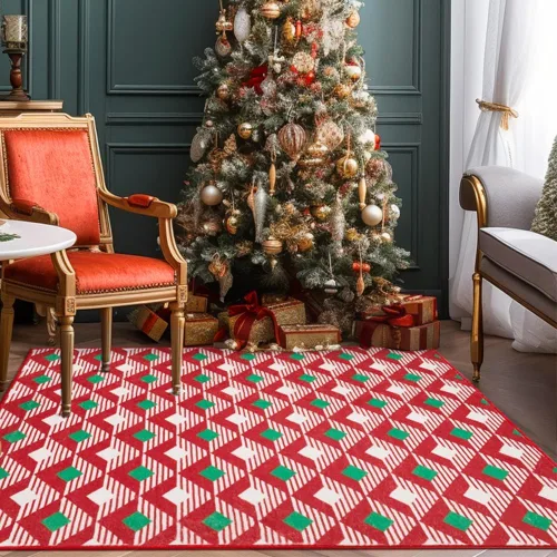 Miniatura 3 de HUGEAR Tapete navideño de 5 x 7 pies, lavable a máquina, de pelo bajo, rojo/verde, alfombra grande geométrica y antideslizante para dormitorio, sala