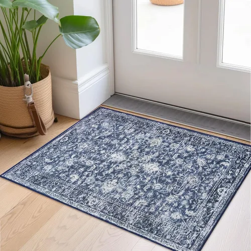 KILOCOCO Alfombra lavable de 2 x 3 para entrada, estampado floral vintage, suave, antideslizante, azul, alfombras de cocina, tapete interior para