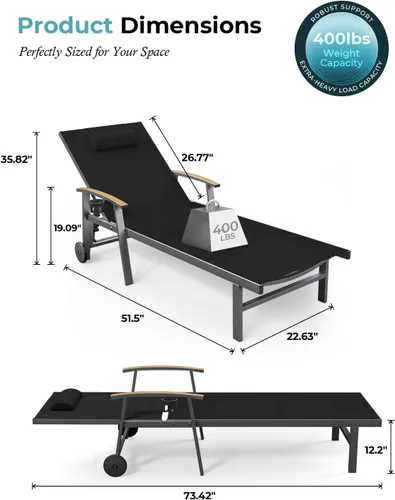 Miniatura 2 de Ciokea Sillón para exteriores con almohada, tumbona de aluminio de 5 posiciones con ruedas y reposabrazos, silla de piscina resistente de 400 libras