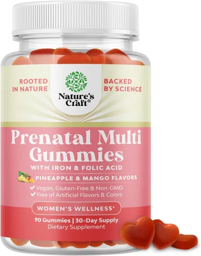 Natures Craft Gomitas prenatales veganas para mujer, vitaminas prenatales gomosas para mujeres con ácido fólico de hierro y mezcla de superfrutas,