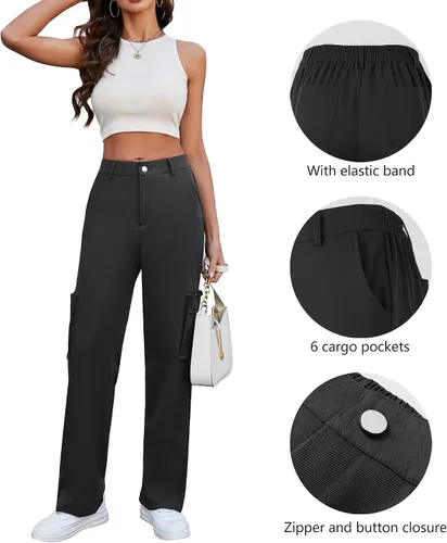 Miniatura 3 de ETOSELL Pantalones cargo de cintura alta para mujer, pantalones casuales de pierna ancha, elásticos, Y2K Streetwear con 6 bolsillos