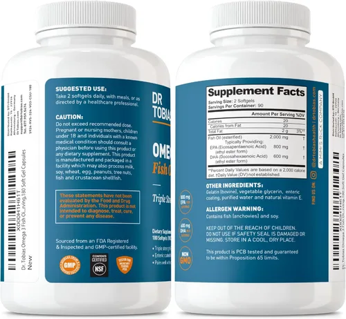 Miniatura 6 de Dr. Tobias Aceite de pescado Omega 3, 2000 mg de triple fuerza con 800 mg de EPA y 600 mg de DHA por porción, suplementos de aceite de pescado Omega