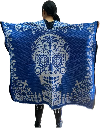 Miniatura 2 de Azul y blanco, Poncho Catrina, Poncho CALENDARIO Azteca, Poncho tradicional, Hecho en México, Día de la Muerte, Unisex, Talla única, Dia DE Muertos