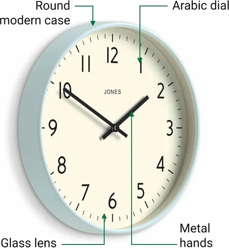 Miniatura 5 de JONES CLOCKS® Reloj de pared de estudio Estilo redondo moderno 12 pulgadas Azul pálido Números fáciles de leer Diseño versátil