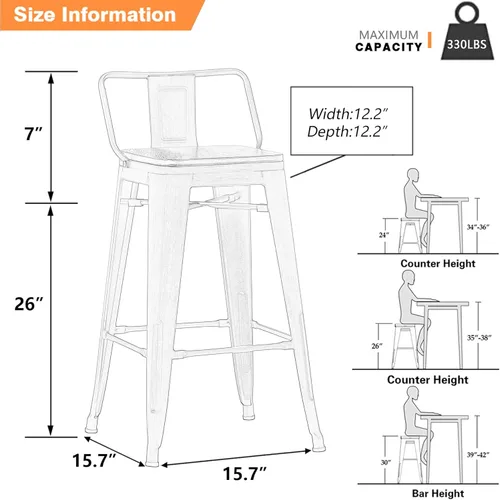 Miniatura 3 de Yongchuang Juego de 4 taburetes de bar giratorios de 26 pulgadas con respaldo, taburetes de bar industriales de metal negro con asiento de madera