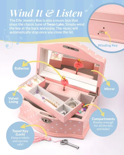 Miniatura 3 de Elle Joyero Organizador de joyas de bailarina y caja de música de cuerda Swan Lake para niñas y adolescentes, accesorios y almacenamiento de madera