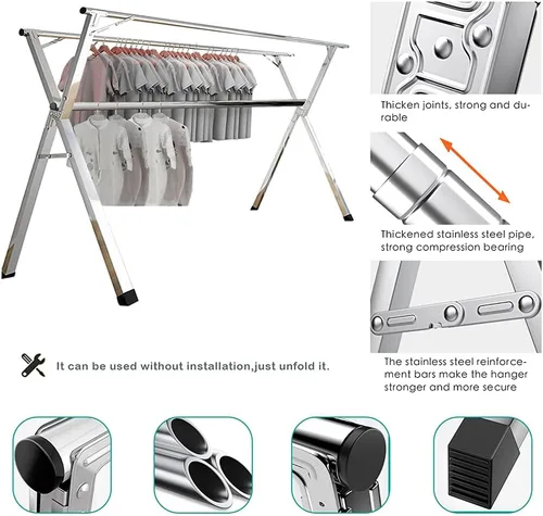 Miniatura 3 de AIODE Estante de secado de ropa plegable para ropa sucia, 79 pulgadas, de acero inoxidable, para exteriores, colgador de ropa para interiores