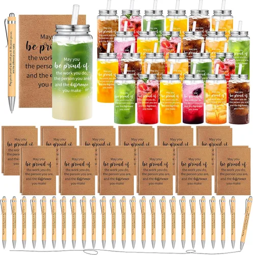 Skylety 72 Piezas Regalos de Agradecimiento para Empleados a Granel 13.5oz Vasos Transparentes con Tapas Pajillas Cuadernos en Espiral Notas