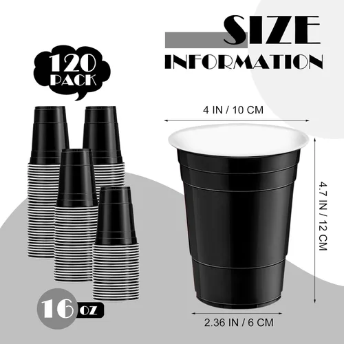 Miniatura 2 de 120 vasos de plástico negros de 16 onzas para Halloween, vasos desechables de plástico negros para fiestas para beber, degustaciones servidas