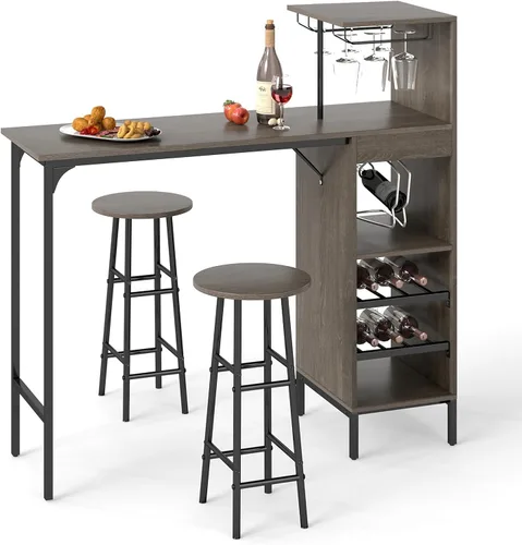 Miniatura 10 de GOFLAME Juego de mesa de bar para 2, juego de mesa de comedor de altura de mostrador con estantes, portavasos y estante para vino, juego de mesa