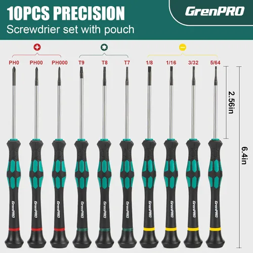 Miniatura 6 de GRENPRO Juego de destornilladores de precisión de 10 piezas, destornilladores magnéticos pequeños con Phillips, ranurados, Torx Star para lentes