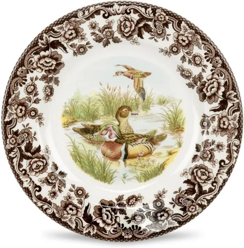 Miniatura 9 de Plato de cena Spode Woodland Red Grouse - 10.5" de loza fina, borde con flores británicas, diseño rústico de animales de caza fabricado