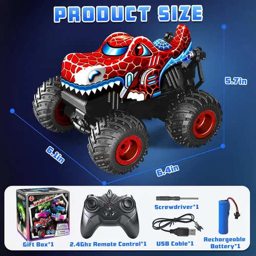 Miniatura 6 de Camión Monstruo a Control Remoto, 2.4Ghz Spider Rc Juguetes de Camión Monstruo Autos Recargables para Niños con Música, Efecto de Iluminación