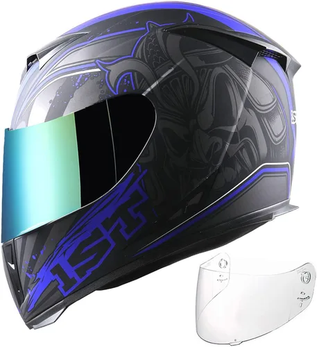 Miniatura 2 de Casco integral para motocicleta 1Storm con diseño de cráneo rey en mate negro + una visera transparente extra: HJK311 SkullBlue