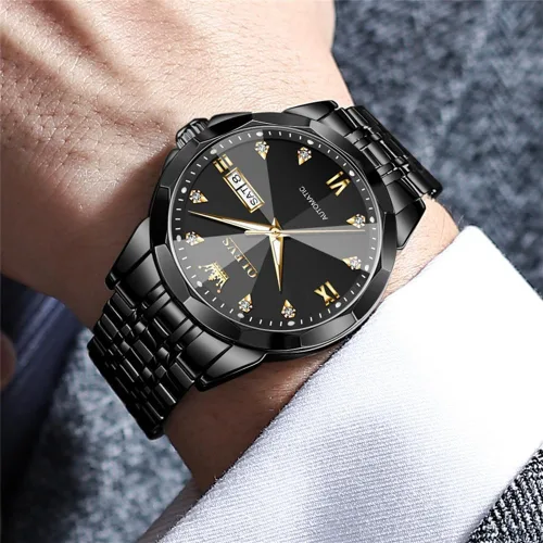 Miniatura 3 de OLEVS Reloj de pulsera automático con diseño de esqueleto para hombre, de lujo, con diamantes de lujo, de acero inoxidable, calendario, reloj