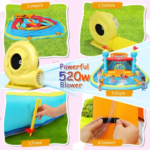 Miniatura 6 de WHUBEFY Casa de rebote, doble tobogán acuático con soplador para niños grandes de 3 a 12 años, castillo inflable de rebote
