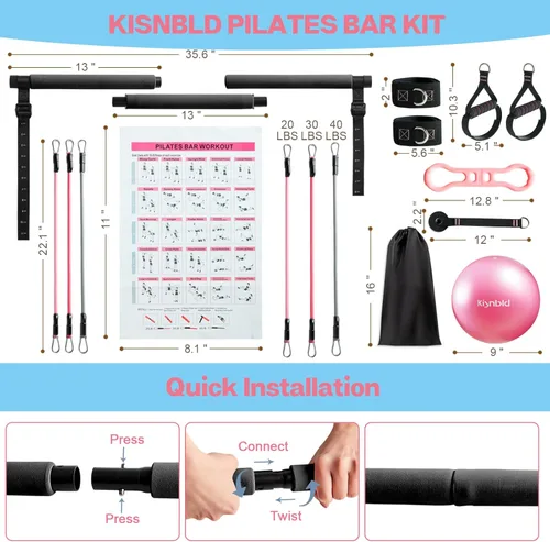 Miniatura 6 de Kit de Barra de Pilates Kisnbld con Bandas de Resistencia, Barra de Pilates Multifuncional con 3 Bandas de Resistencia para Ejercicios, Equipo