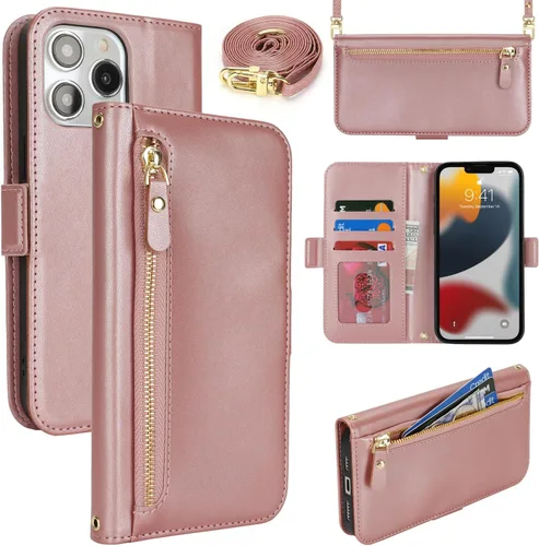 Miniatura 37 de Lipvina Funda tipo cartera para iPhone 12 Pro Max / 13 Pro Max para mujeres, bolsillo con cremallera, funda de teléfono de cuero PU con soporte