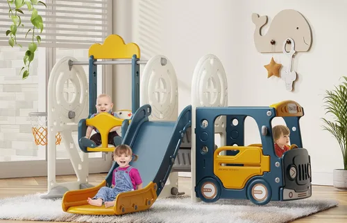 Miniatura 9 de BIERUM Tobogán para niños pequeños de 1 a 3 años con aro de baloncesto y columpio, tobogán de bebé para niños, regalo ideal, parque