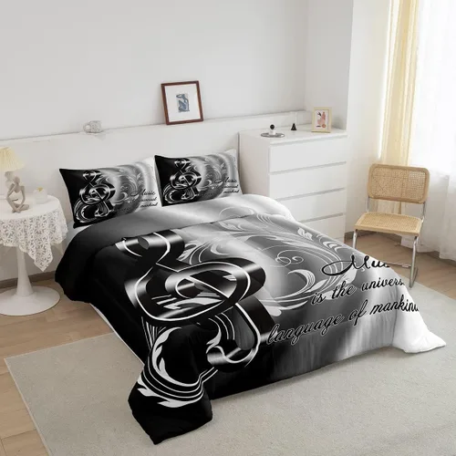 Miniatura 2 de Juego de edredón de notas musicales, tamaño individual, juego de ropa de cama para amantes del tema musical, 2 piezas, moderno, negro, blanco