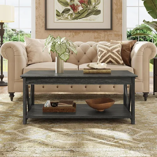 Miniatura 4 de WLIVE Mesa de Centro, Mesa de Centro Estilo Granja de 43" con Estante de Almacenamiento y Soporte Resistente en Forma de V, Mesa Central de Madera