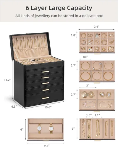 Miniatura 5 de Vlando Joyero grande de 6 capas Organizador de joyas, organizador de joyero para cajón, collar, anillo, pulsera y reloj, regalo de cumpleaños