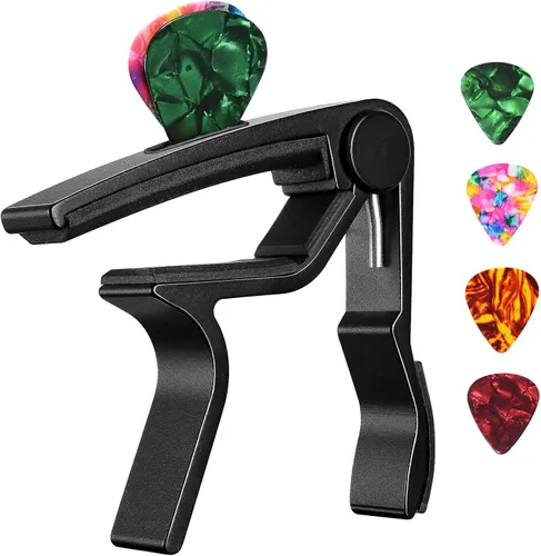 Cejilla de guitarra, cejilla negra, soporte para púas en la cejilla para guitarra acústica y eléctrica, ukulele, mandolina, banjo (negro)
