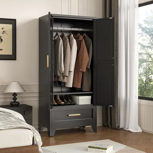 Miniatura 6 de LCAOPC Armario de metal de 71 pulgadas de alto con cajón y barra para colgar, armario de 2 puertas con estante para dormitorio, oficina, lavandería