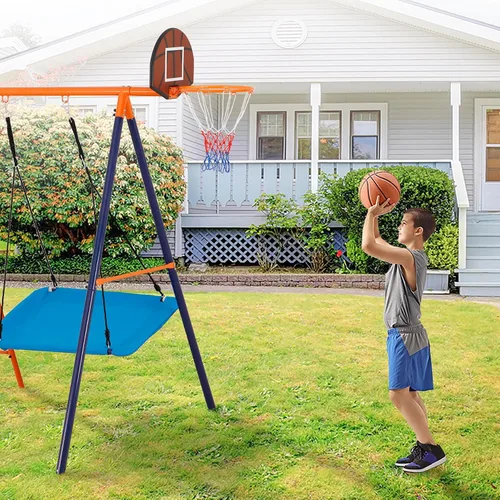Miniatura 6 de Juego de columpios de metal para exteriores para niños, juego de patio de juegos de metal resistente con columpios, escalera de escalada, barra