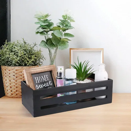 Miniatura 7 de LotFancy Caja de decoración de baño, paquete de 2 soportes de madera para papel higiénico, cesta negra para tanque de inodoro, cesta de Negro