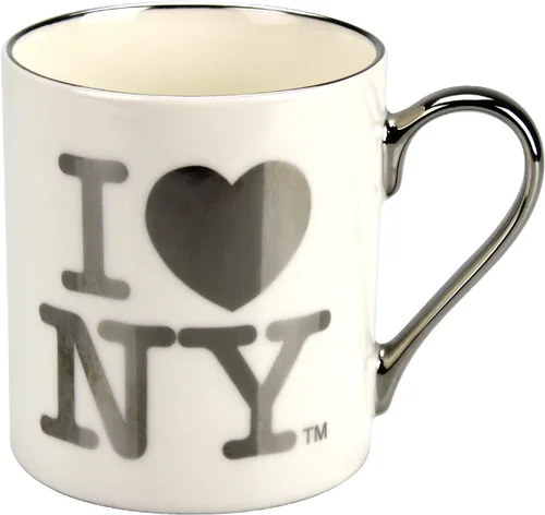 I Love NY Taza de café con licencia oficial I LoveHeart NY, 11 onzas (blanco con letras plateadas), mediana
