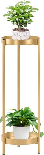 Soporte alto de metal dorado para plantas para interiores o exteriores, estante esquinero moderno de 30 pulgadas y 2 niveles con 2 estantes
