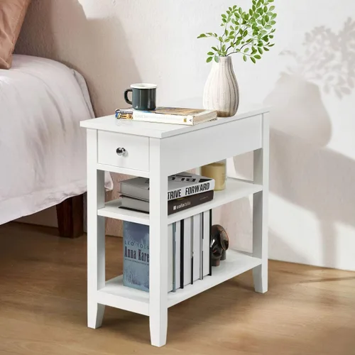 Miniatura 8 de KOTEK Mesa auxiliar con cajón y estante de almacenamiento abierto, mesa auxiliar estrecha, mesita de noche delgada, mesita de noche de 3 niveles