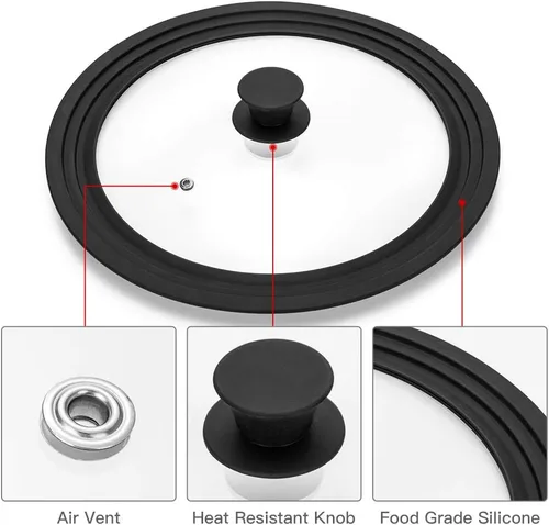 Miniatura 3 de Tapa universal para ollas, sartenes y sartenes, vidrio templado con borde de silicona resistente al calor que se adapta a utensilios de cocina