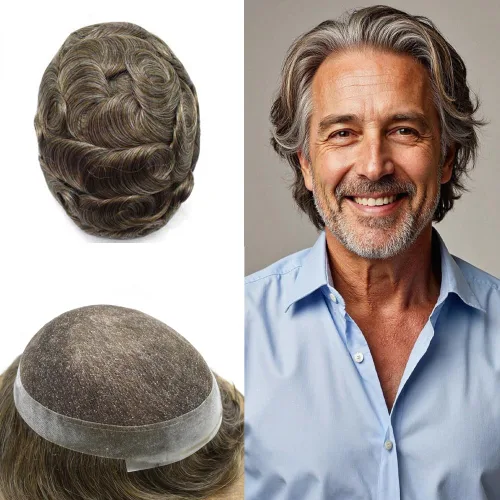 Miniatura 96 de Toupee para hombres Sistema de reemplazo de cabello humano real pieza de cabello humano para hombres encaje suizo para hombre Toupee Hair Pieces