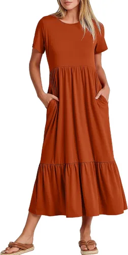 ANRABESS - Vestido largo informal para verano, para mujer, acampanado, escalonado, de manga corta, con cuello redondo, vestido largo tipo camiseta
