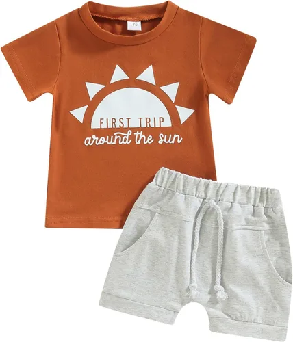 AEEMCEM Traje de primer cumpleaños para bebé niño primer viaje alrededor del sol camisetasudaderatop pantalones cortospantalones conjunto Cake Smash
