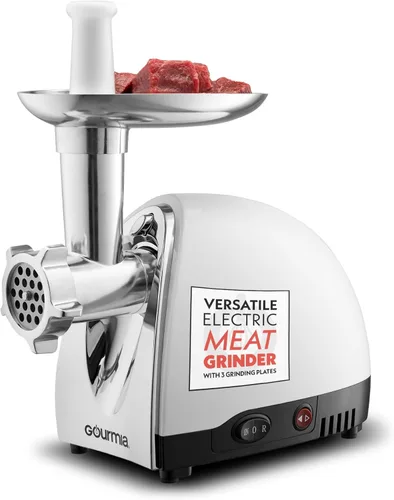 Gourmia, picadora de carne, discos trituradores y accesorios extras incluidos. Incluye el tubo para salchichas y un libro electrónico de recetas